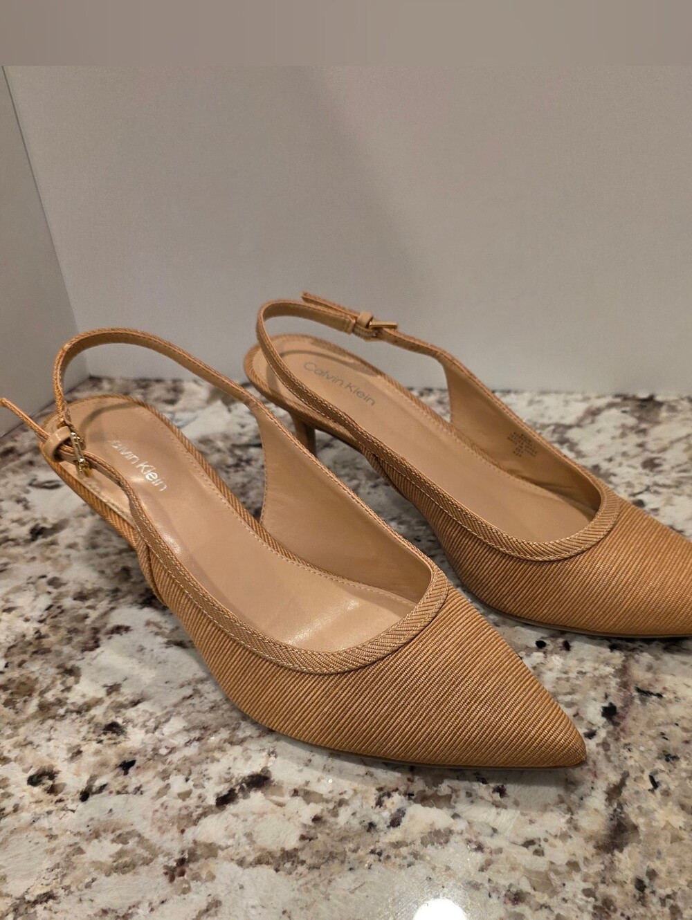Calvin Klein Tan Woven Raffia Pointed Toe Slingback Kitten Heels